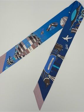 Hermes Les Folies du Ciel Twilly Scarf Blue Mauve Hot Air Balloon Silk